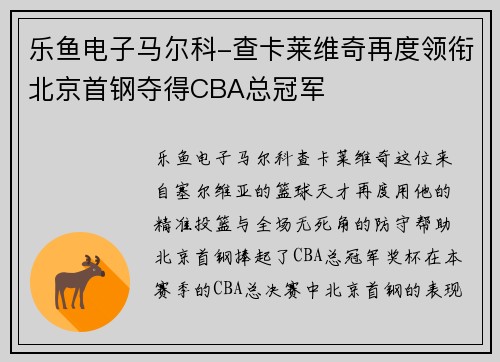 乐鱼电子马尔科-查卡莱维奇再度领衔北京首钢夺得CBA总冠军