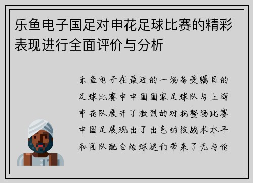 乐鱼电子国足对申花足球比赛的精彩表现进行全面评价与分析