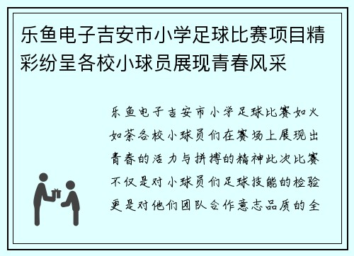 乐鱼电子吉安市小学足球比赛项目精彩纷呈各校小球员展现青春风采
