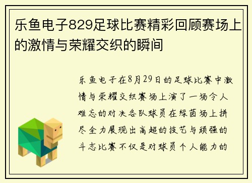 乐鱼电子829足球比赛精彩回顾赛场上的激情与荣耀交织的瞬间