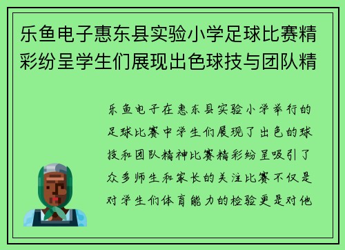 乐鱼电子惠东县实验小学足球比赛精彩纷呈学生们展现出色球技与团队精神