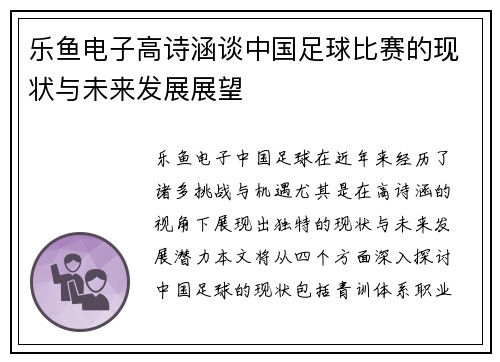 乐鱼电子高诗涵谈中国足球比赛的现状与未来发展展望