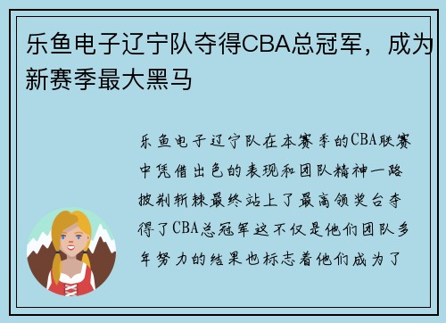 乐鱼电子辽宁队夺得CBA总冠军，成为新赛季最大黑马