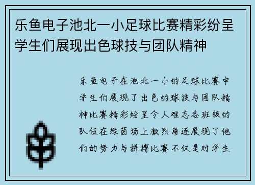 乐鱼电子池北一小足球比赛精彩纷呈学生们展现出色球技与团队精神