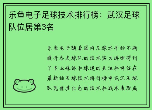 乐鱼电子足球技术排行榜：武汉足球队位居第3名