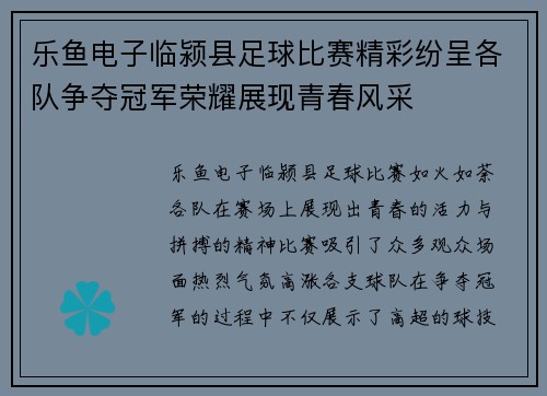 乐鱼电子临颍县足球比赛精彩纷呈各队争夺冠军荣耀展现青春风采